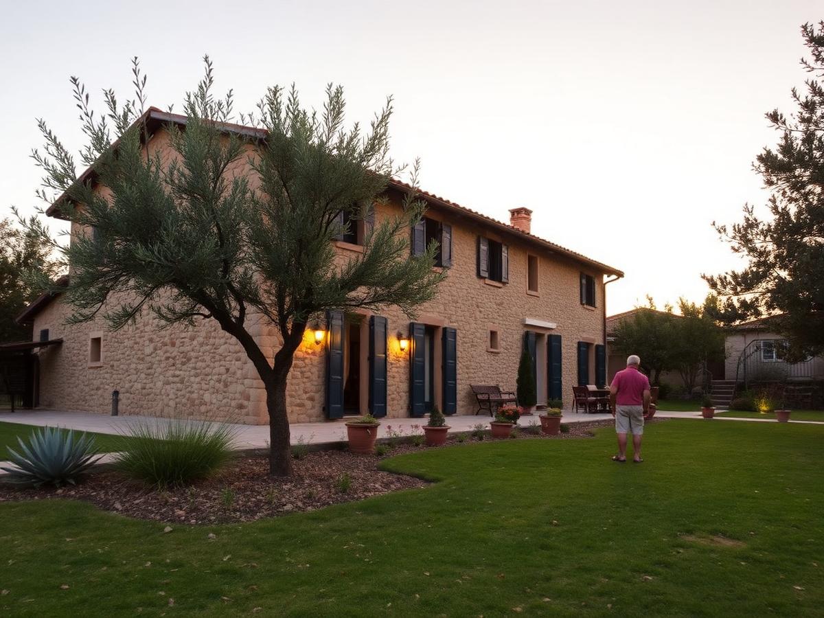 Casale indipendente in pietra con giardino e olivi al tramonto