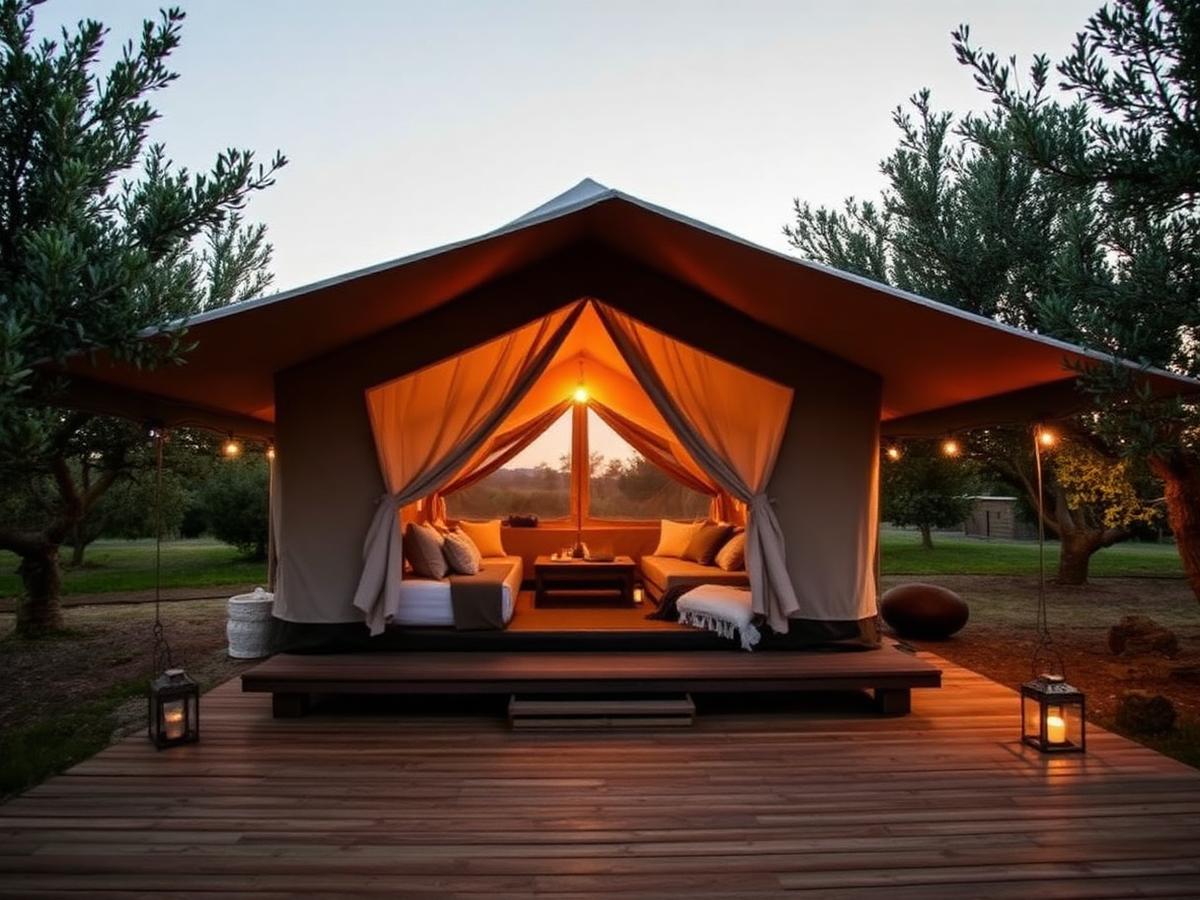 Tenda glamping illuminata al tramonto in un oliveto