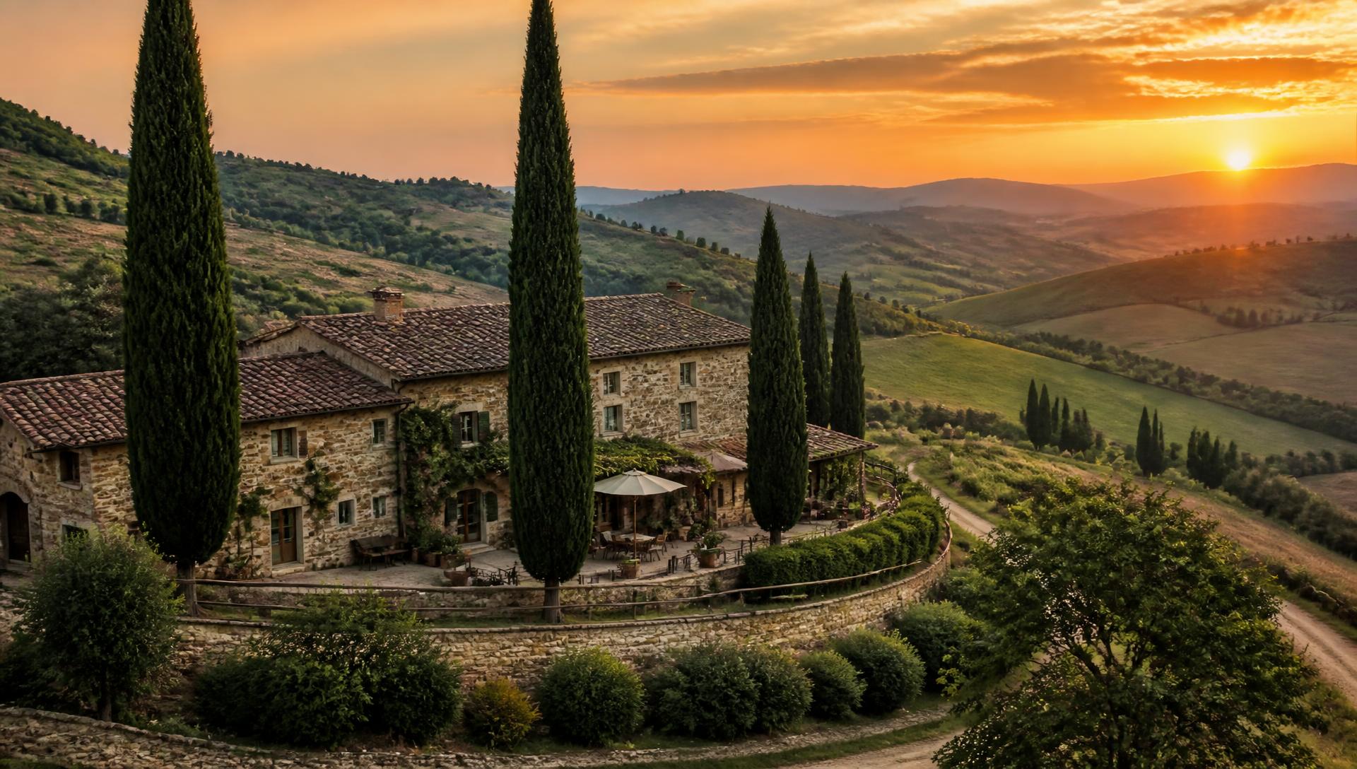 Casale in pietra immerso nelle colline umbre al tramonto