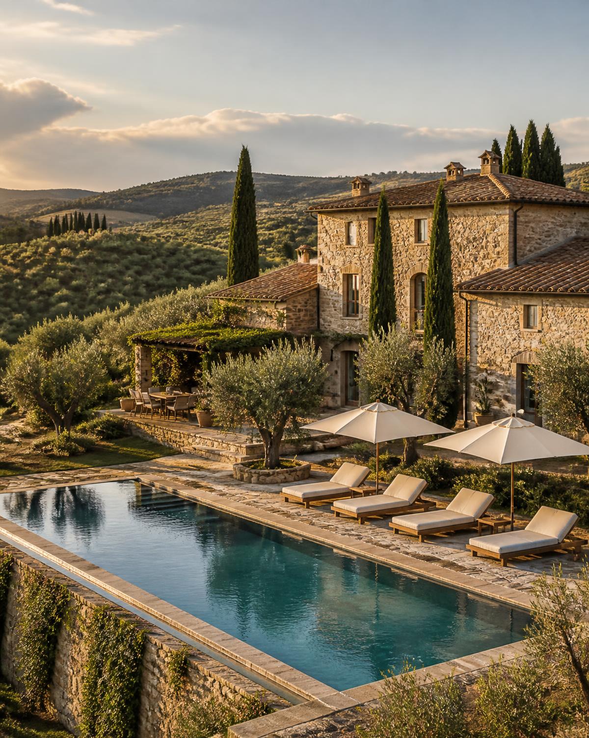 La villa in pietra del casale con la piscina panoramica tra gli olivi
