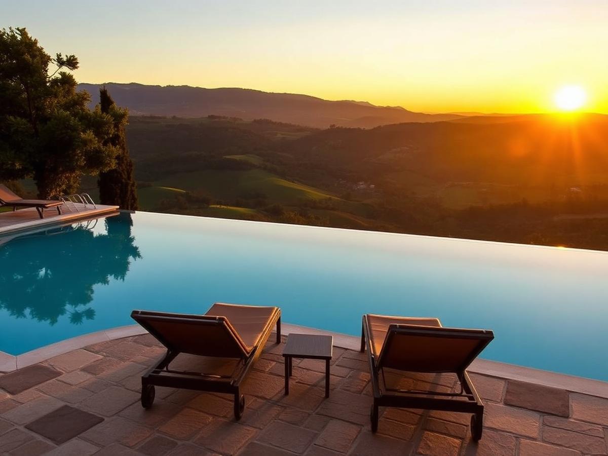 Piscina a sfioro affacciata sulle colline umbre al tramonto