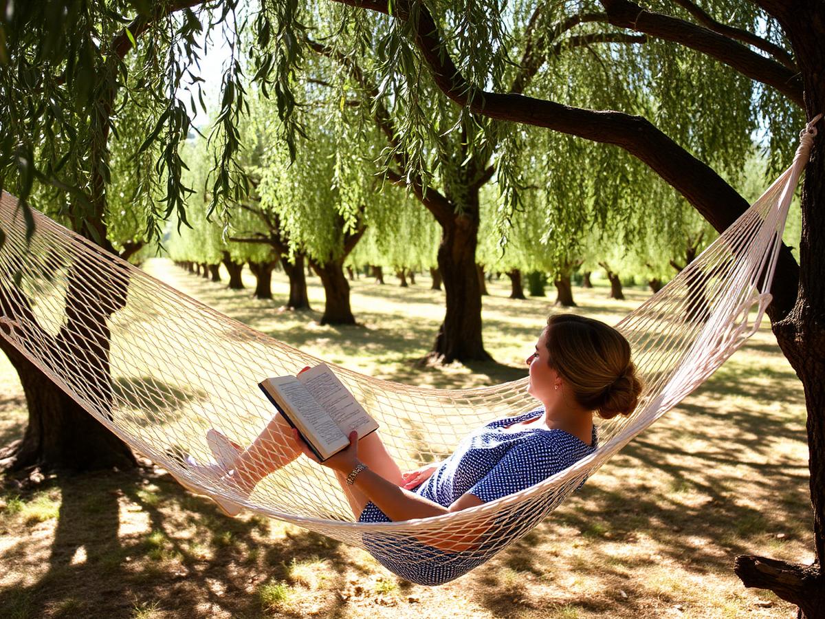 Persona che legge in amaca all'ombra degli alberi